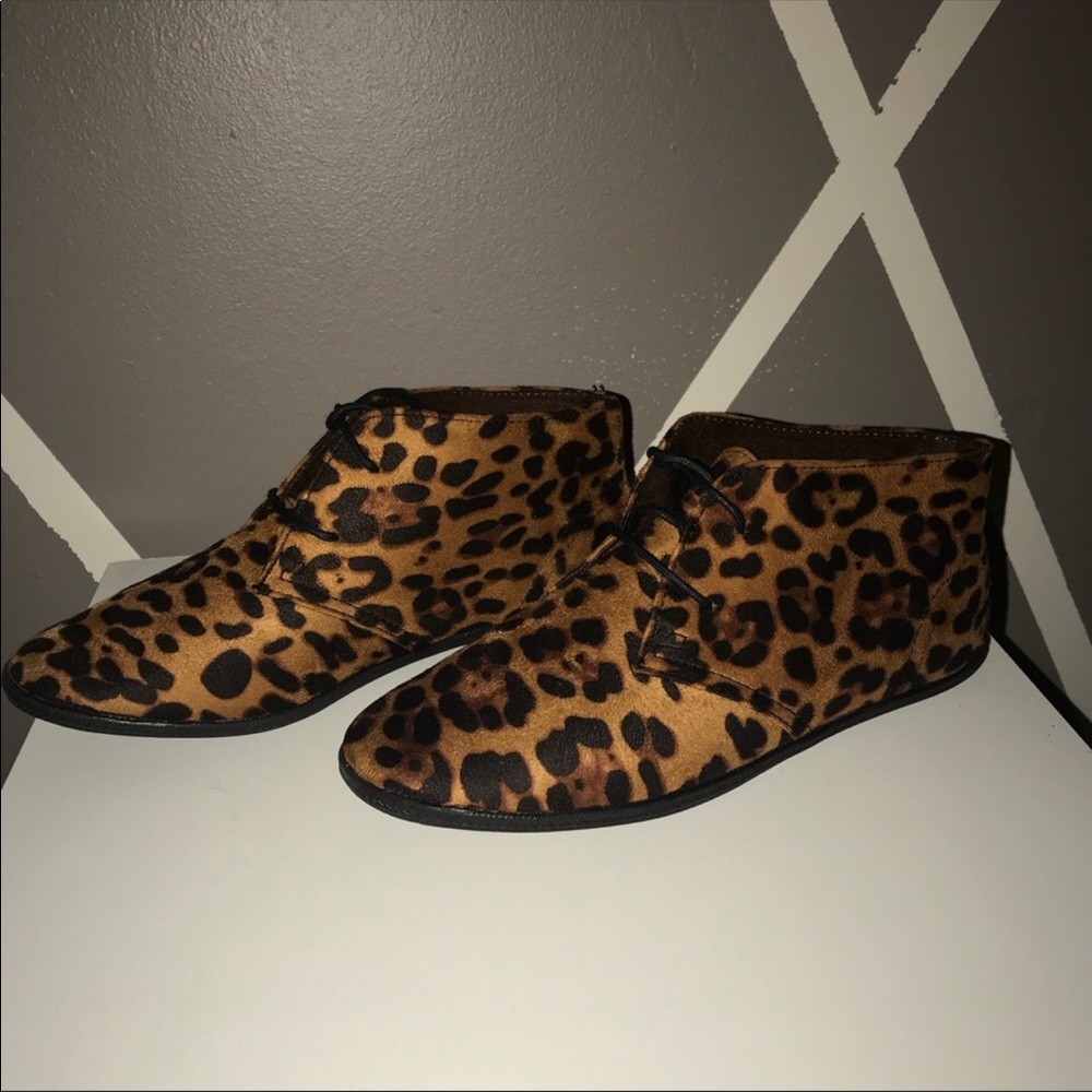 Leopard animal print lace up booties flat shoes